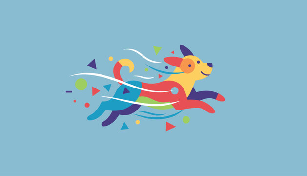 Energetic colorful running dog designed with vibrant polygons and dynamic wind lines on a light blue backdrop vector.