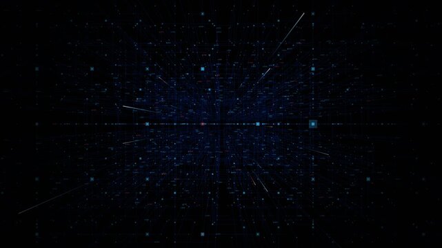 Light streaks and digital data grid moving through futuristic cyber space with neon blue glow and particles for technology background