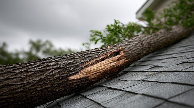 A fallen tree branch rests on a damaged house roof after a storm. Concept of home insurance claims and natural.