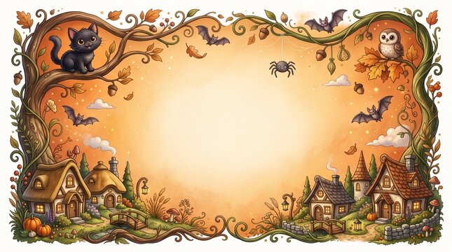 Halloween scene with pumpkins spider webs bats and owls in a village