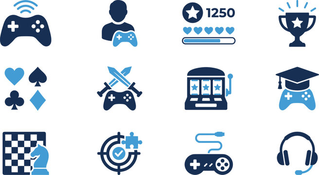 Blue gaming icon set with video game controllers slot machine chess trophy player profile rank level and casino elements isolated on white background vector