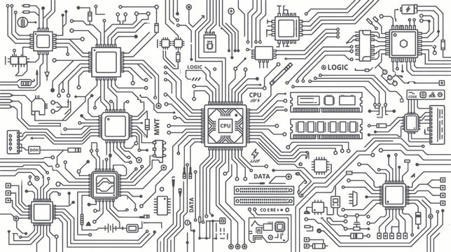 Motherboard schematic with cpu and interconnected computer components