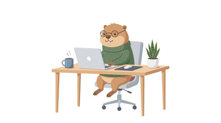 Fototapeta premium Beaver character working on laptop at wooden desk