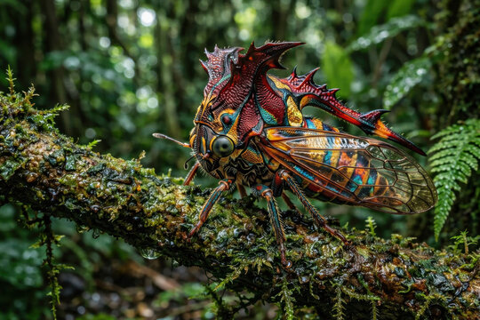 Macro photograph of a colorful treehopper insect perched on a green stem