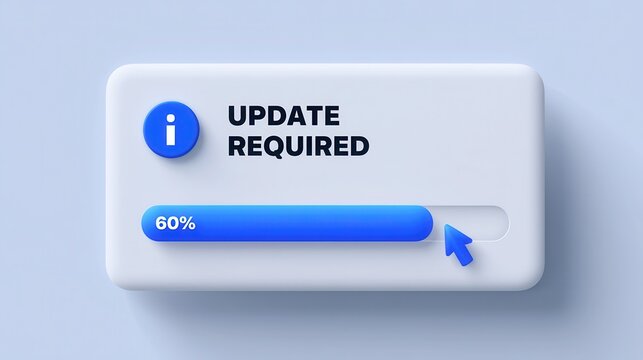 A 3D update progress bar with cursor isolated on light blue background. Technology concept for software maintenance.
