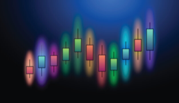 Abstract stock market candlestick chart with vibrant colorful neon glow effect. Futuristic financial trading graph vector illustration with neon aura on dark blue background.