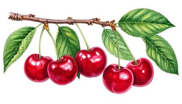 A vibrant watercolor illustration of a cherry branch. Five ripe, glossy cherries hang amidst detailed green leaves