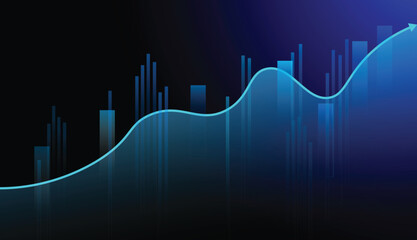 Fototapeta premium Financial business graph with rising curved arrow and volume bars. Abstract blue stock market data chart vector illustration for crypto, forex trading investment website banner.