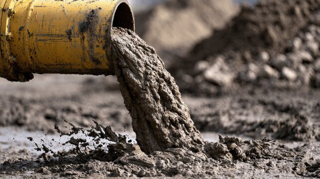 Industrial yellow pipe pouring thick mud onto ground. This represents construction waste management and environmental.