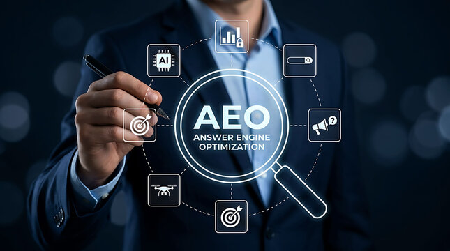 Businessman pointing at AEO Answer Engine Optimization virtual screen interface