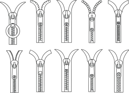 Zipper types technical vector set, zip slider design flat sketch, CAD zipper drawing, clothing hardware detail, zipper flat front view