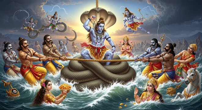 Hindu mythology scene depicting churning of the ocean gods and demons pulling serpent rope turbulent waters vibrant colors ancient Indian folklore mythological artwork epic battle cosmic event Samudra