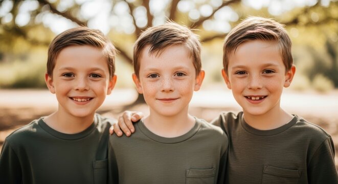 Three young boys standing together outdoors