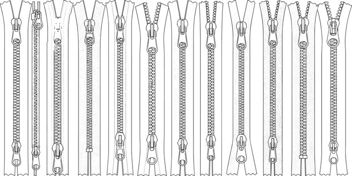 Zipper vector set, CAD zipper sketch, zipper technical drawing, zipper flat illustration, zipper types, fashion accessory design, apparel detail, zipper graphic elements