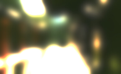 Naklejka premium Abstract bokeh background, out of focus warm light leaks, blurry glowing organic shapes on dark olive backdrop, soft dreamy lens flare overlay texture