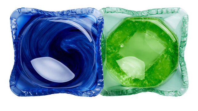 Two colorful laundry detergent pods with swirling liquid and solid components, isolated on transparent background