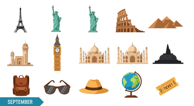 Travel icons landmarks globe tourism.