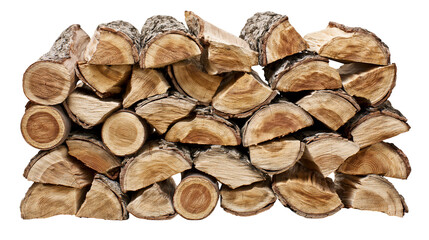 Fototapeta premium Stack of rough cut firewood logs with bark, isolated on transparent background