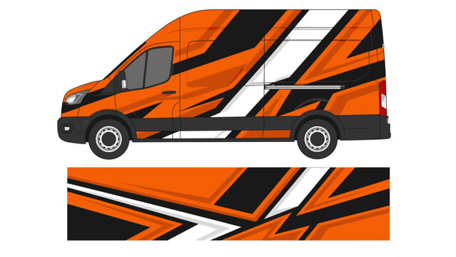 Orange and black van with sharp angular racing decals