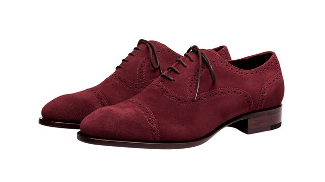 Burgundy suede oxford shoes with brogue detailing, isolated on transparent background