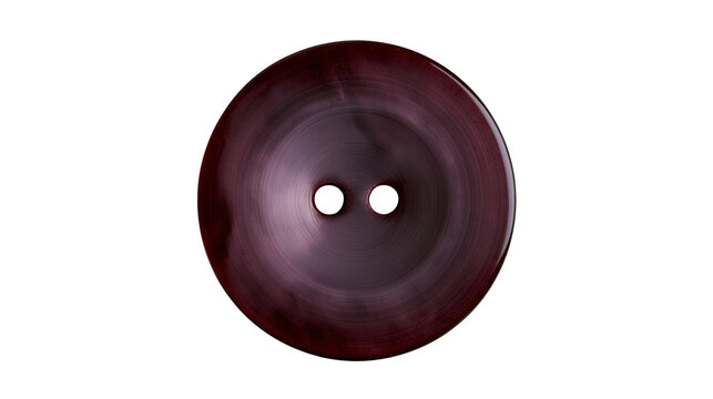 Dark red circular sewing button with two holes, isolated on transparent background