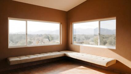 Fototapeta premium Minimalist Room with Terracotta Earthy Walls and Built-in Window Seating