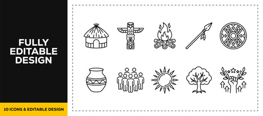 flat vector illustration line art icon bundle set design covering native american culture indigenous tribes totems teepees and ancient heritage elements for modern UI © HASNA