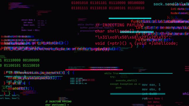 Programming code and binary data scrolling with RGB chromatic aberration glitch and digital distortion for cyber security background.