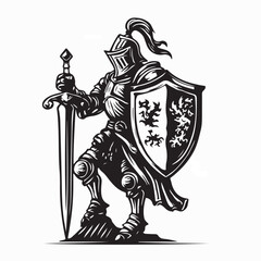 Obraz premium Knight with Sword and Shield Kingdom Logo Design Vector