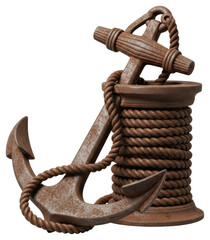 Obraz premium Vintage rusty metal ship anchor with coiled nautical rope on a transparent backdrop