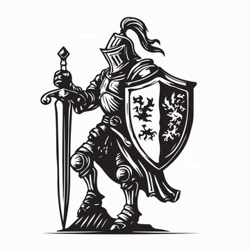 Knight with Sword and Shield Kingdom Logo Design Vector