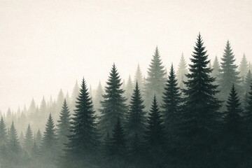 Obraz premium Misty forest with evergreen trees.