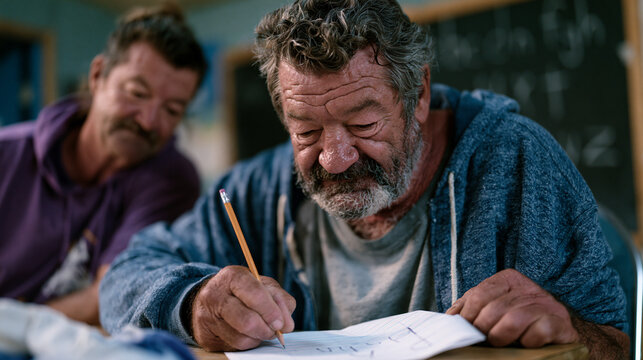 adult male literacy learner practicing handwriting at a community center evening class, pencil gripped with focused effort over lined paper, a tutor leaning in patiently from the adjacent chair, cha