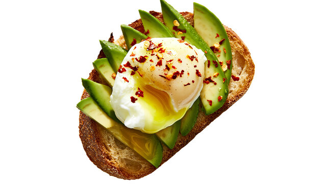 Toasted artisan bread topped with sliced avocado and a perfectly poached egg, isolated on transparent background