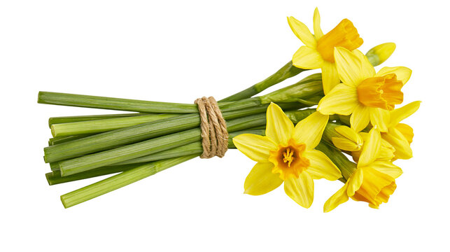 Bunch of yellow daffodils tied with twine, isolated on transparent background