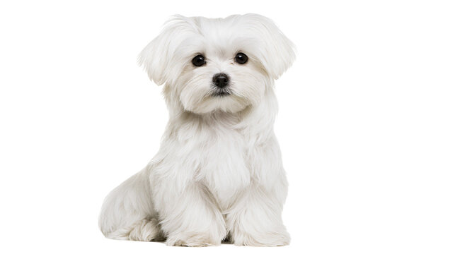 Fluffy white Maltese dog sitting attentively, isolated on transparent background