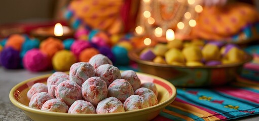 Fototapeta premium A colorful arrangement of traditional sweets and decorations celebrating a divine birth, highlighting cultural and spiritual richness.