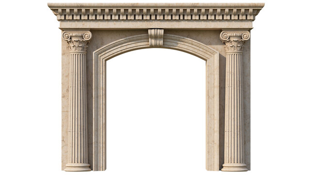 Classical stone archway with ionic columns and ornate frieze, isolated on transparent background