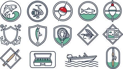 Fishing and Angling Equipment Badge Icon Collection with Fish, Boat, Tackle Box, Rod, Bobber, Sonar, and Outdoor Sport Vector Set © MstSuborna