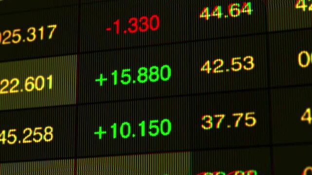 Stylized Stock Market Data Display Featuring Varied Numeric Trends and Performance Metrics Across Green, Red, and Yellow Backgrounds with Distorted Pixelation Effects