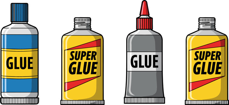 Liquid Glue and Super Glue Bottle Vector Set Featuring Assorted Tubes and Flasks for School Supplies Office Stationery Crafts and Fixing Tools Graphics