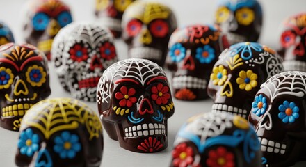 Fototapeta premium Chocolate sugar skulls decorated for Day of the Dead on white background