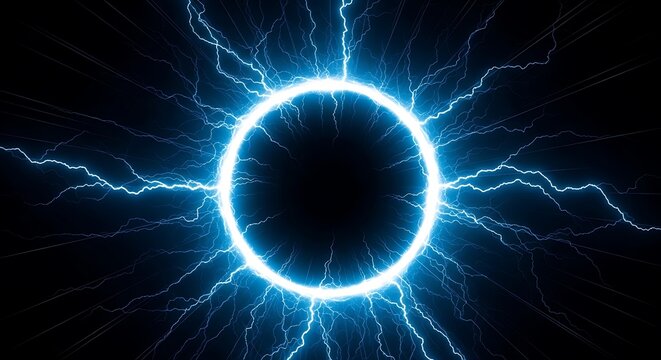 Bright blue electric lightning circle frame with glowing energy sparks on a dark black background