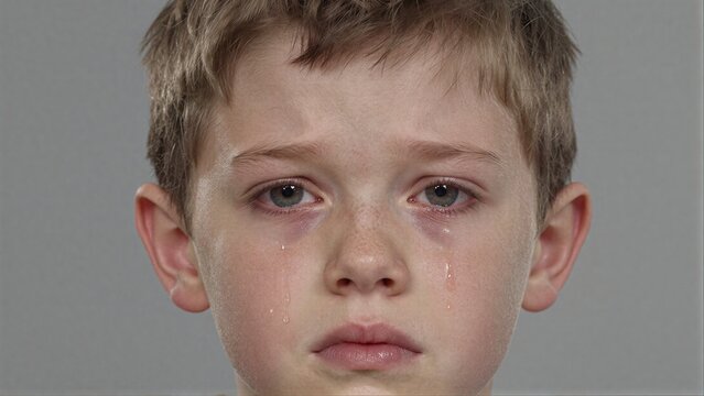 Young boy cries, tears streaming down his face, eyes filled with sadness.