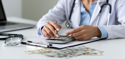 Fototapeta premium A clipboard, stethoscope, and currency notes arranged neatly as a medical billing specialist manages insurance reimbursements.
