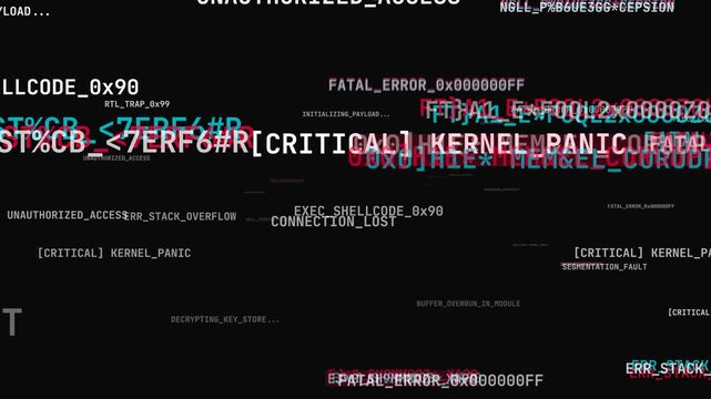 Digital code scrolling with fatal error messages and glitch distortion for hacking visuals loop