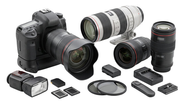 Professional DSLR camera equipment set, digital photography gear collection with telephoto lenses and flash, modern photographic tools and accessories isolated PNG with Transparent Background