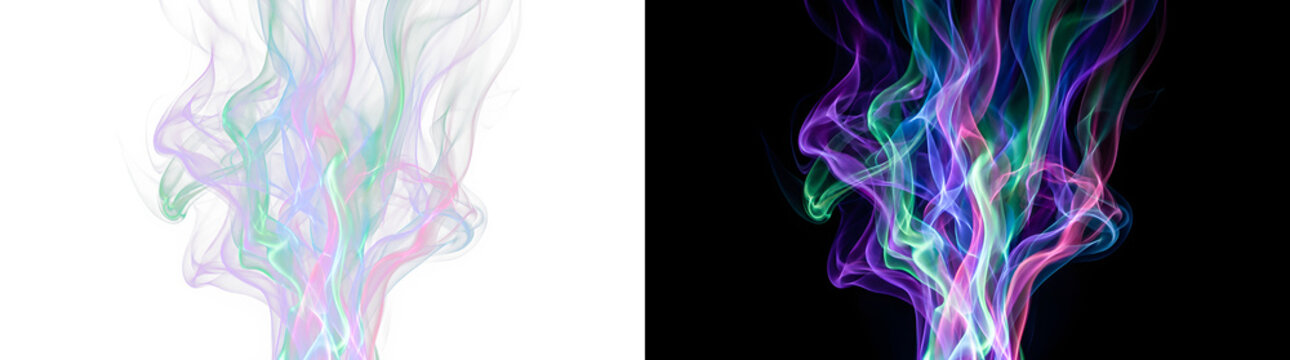 Vibrant ribbons of colorful smoke intertwine gracefully to create a stunning visual display featuring soft pastel gradients on white and intense neon hues set against a deep solid black background.