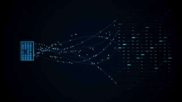 Digital data stream flowing from a glowing blue grid into a matrix of lines and dots, representing information transfer and network connections