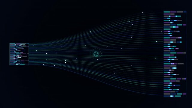 Abstract data stream funneling information from left to right, digital network flow, data processing, technological transformation, cyberspace visualization